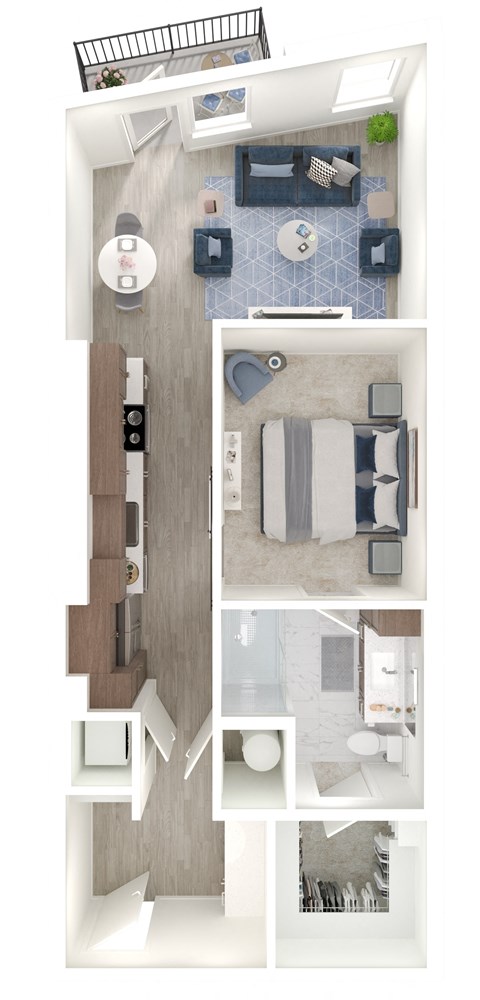 a stylized floor plan with a bedroom and a living room